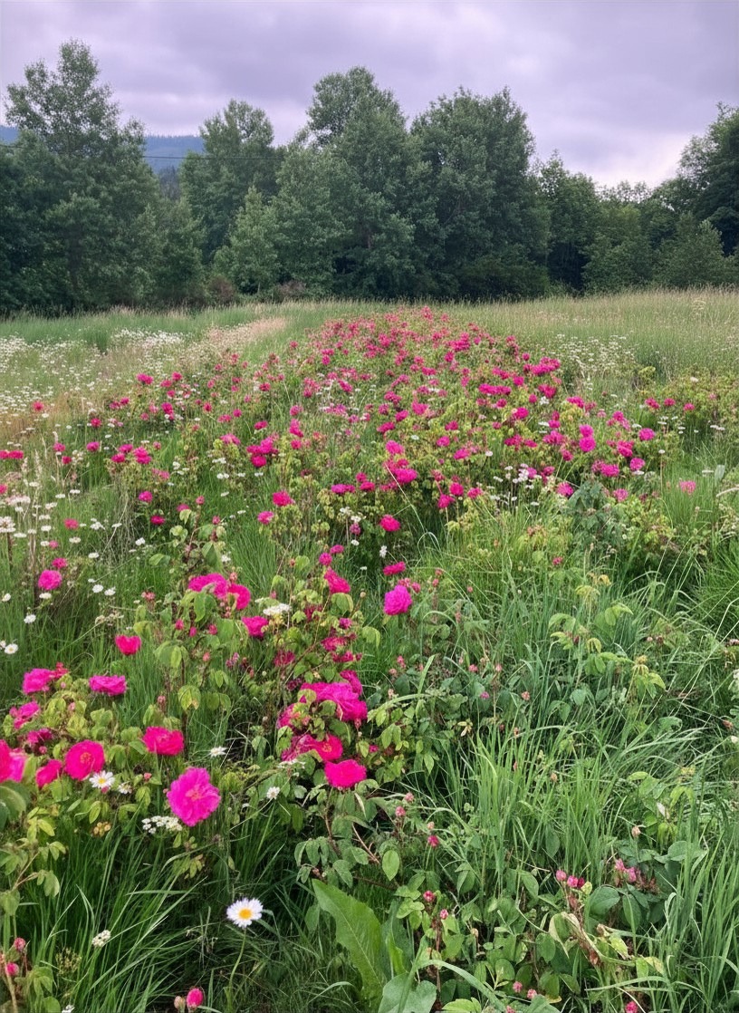 Cueillette manuelle matinale de roses de Provins bio pour la fabrication de l'eau de rose Les Sens en Herbe à Viscomtat, Auvergne.